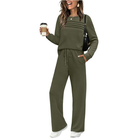 Women’s Crew Neck Lounge Set - Soft Cotton Top & Drawstring Pants
