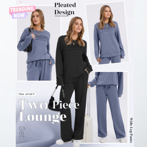 Women’s Crew Neck Lounge Set - Soft Cotton Top & Drawstring Pants
