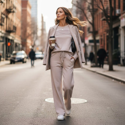 Women’s Crew Neck Lounge Set - Soft Cotton Top & Drawstring Pants