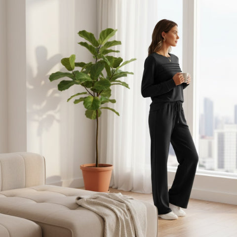 Women’s Crew Neck Lounge Set - Soft Cotton Top & Drawstring Pants