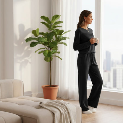 Women’s Crew Neck Lounge Set - Soft Cotton Top & Drawstring Pants